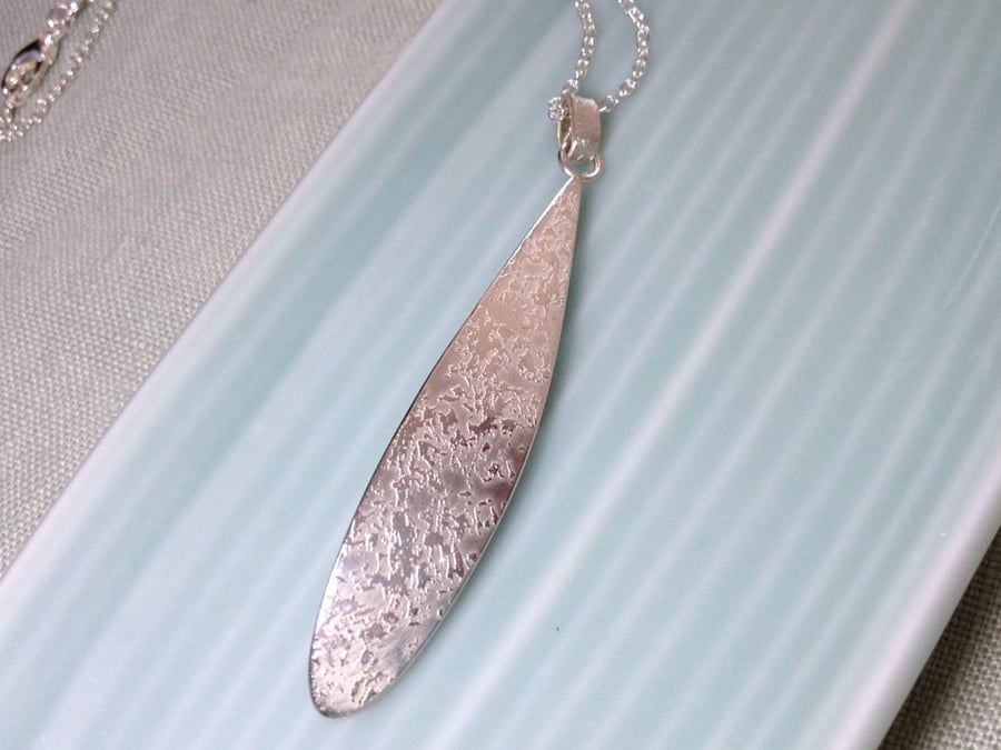 Sterling Silver Teardrop Pendant Necklace with Etched Texturing.