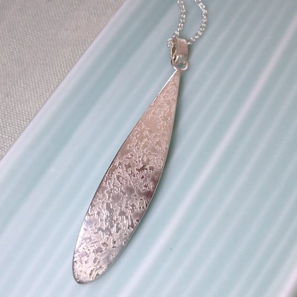 Sterling Silver Teardrop Pendant Necklace with Etched Texturing.