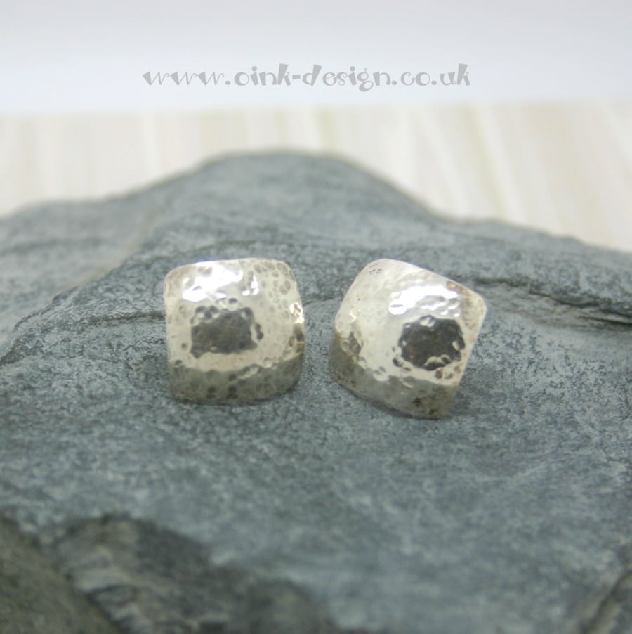  Sterling silver square stud earrings with a hammered finish and domed