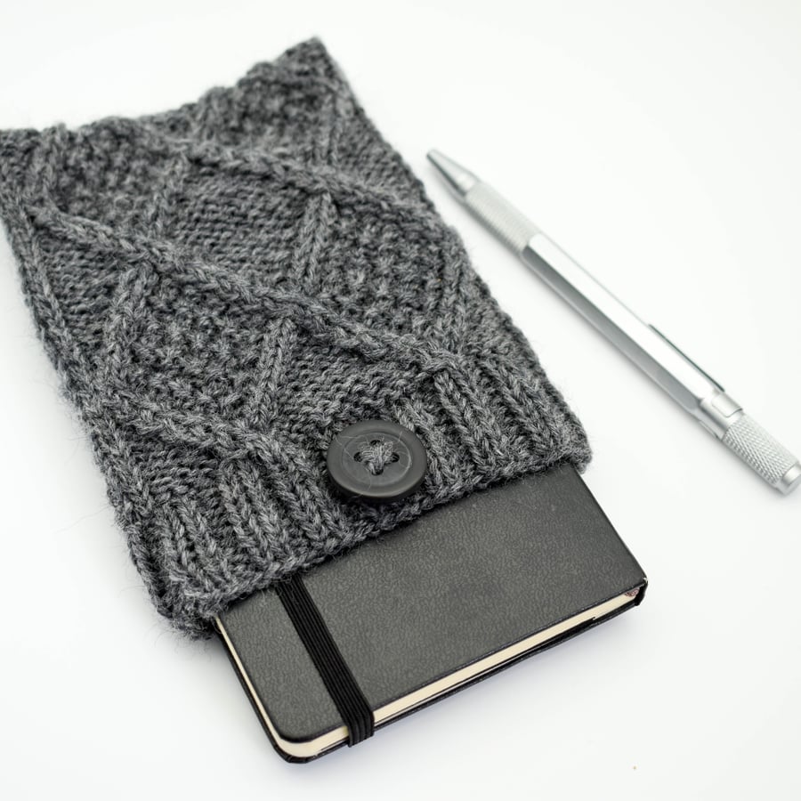 SOLD - Hand knitted aran design pouch in Charcoal grey