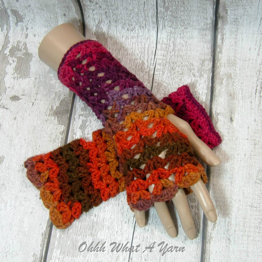 Autumn shades ladies crochet gloves, finger less gloves, arm warmers.