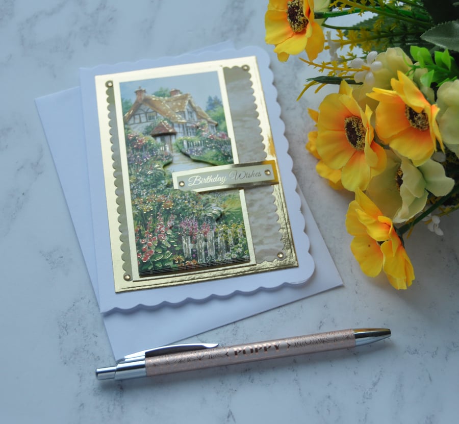 Birthday Card Thatched Cottage Country House Birthday Wishes 3D Luxury Handmade