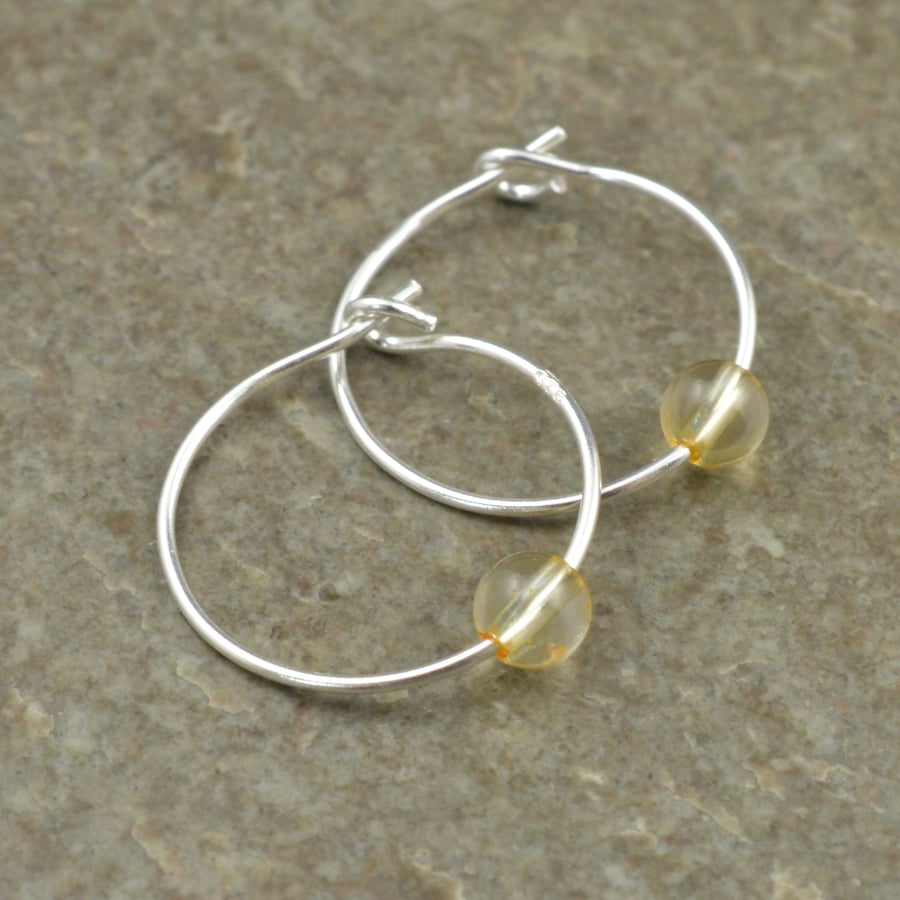 Boho 4mm Tiny Yellow Citrine Gemstone & 15mm Sterling Silver Hoop Earrings