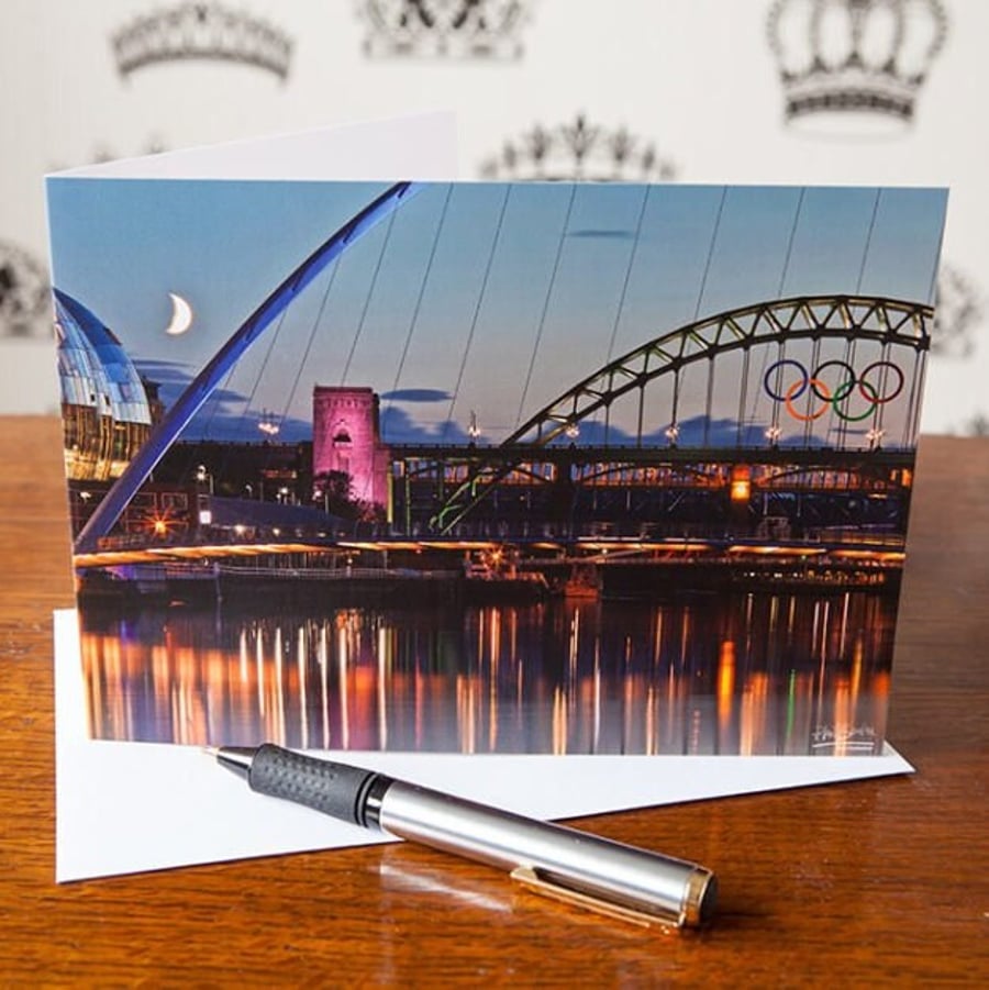 Newcastle Upon Tyne, The Moon and the Rings, Tyne Bridge Greetings Card - Blank 