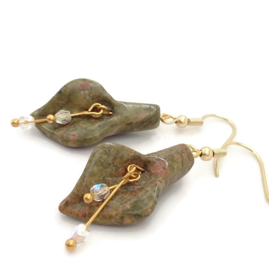 Gold Plated Unakite Jasper Calla Lily Earrings