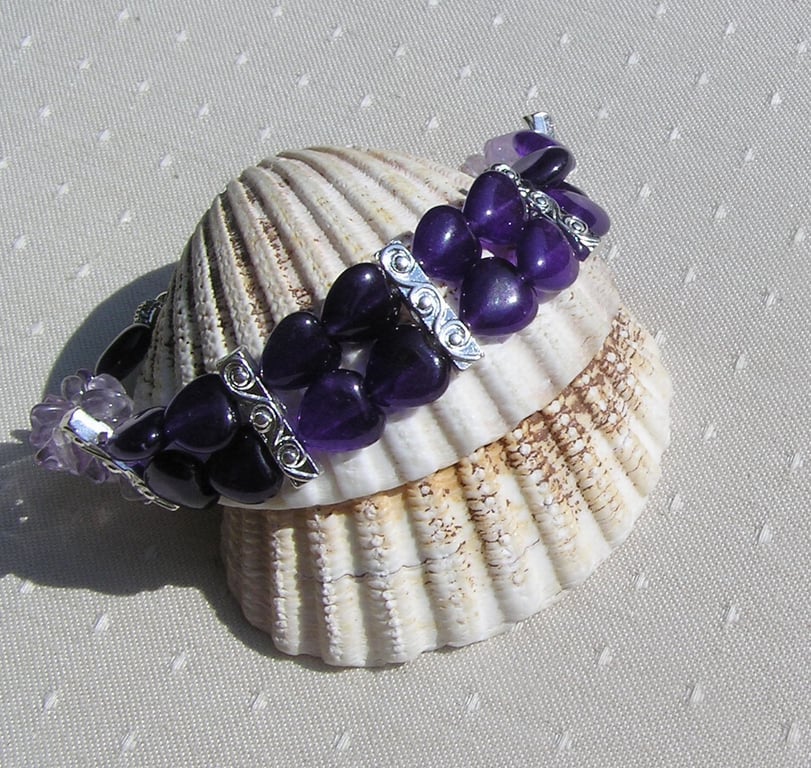Purple Amethyst Heart & Ametrine Gemstone Beaded Bracelet 