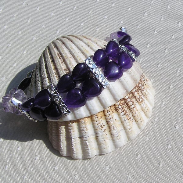 Purple Amethyst Heart & Ametrine Gemstone Beaded Bracelet 