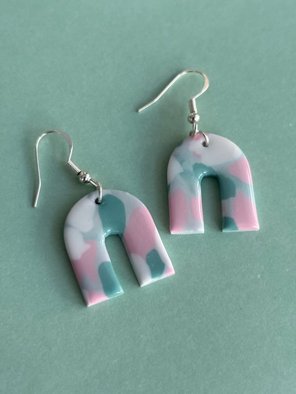 White, green and pink polymer clay earrings 