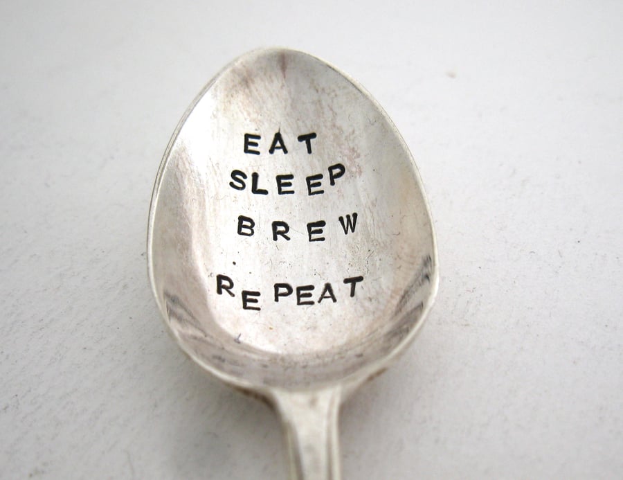 Eat Sleep Brew Repeat, Handstamped Vintage Coffee Spoon