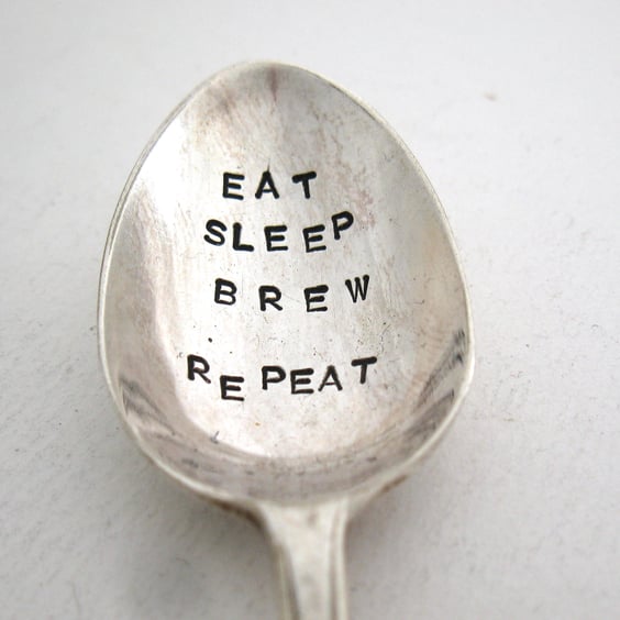 Eat Sleep Brew Repeat, Handstamped Vintage Coffee Spoon