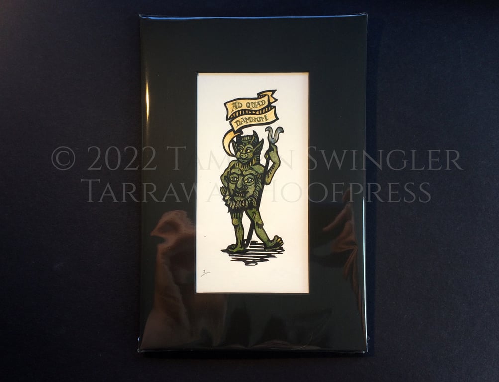 Ad Quod Damnum - Linoprint Devil - Tiny Print - Hand Painted - Green