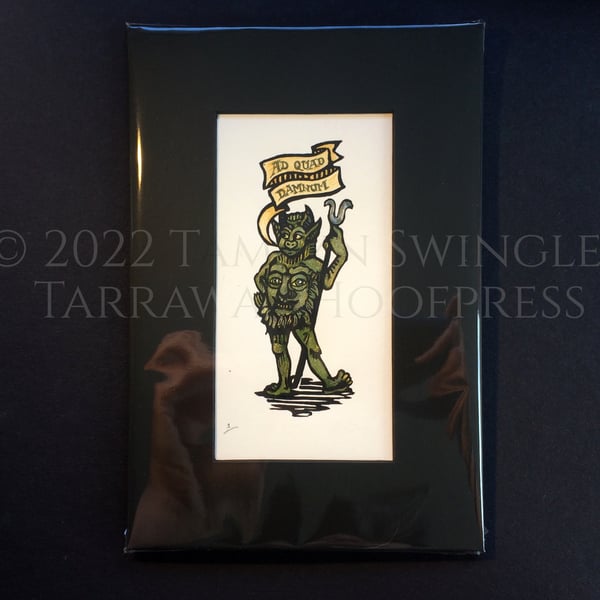 Ad Quod Damnum - Linoprint Devil - Tiny Print - Hand Painted - Green