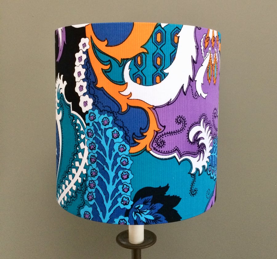 Groovy SWIRLY Paisley ish Blue Purple Orange 70s 80s Vintage Fabric Lampshade