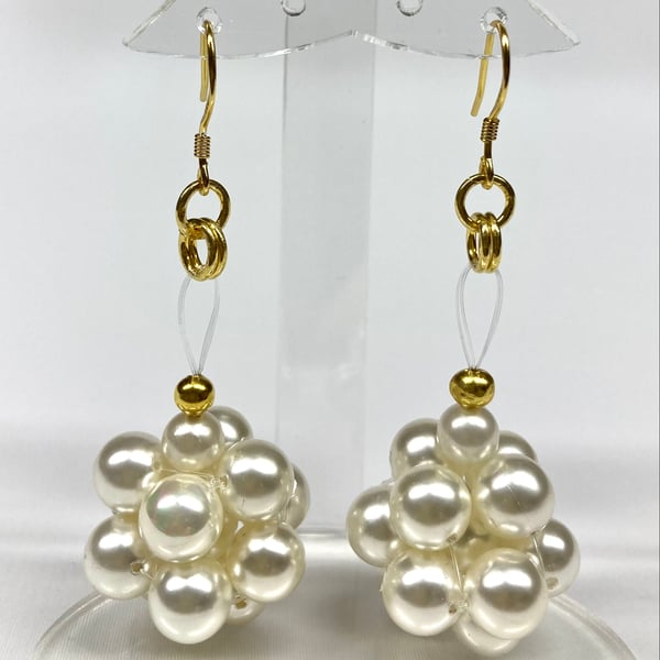 White Shell Pearl Beaded Bead Drop Earrings in Solid 18ct Gold Plated 925 Silver