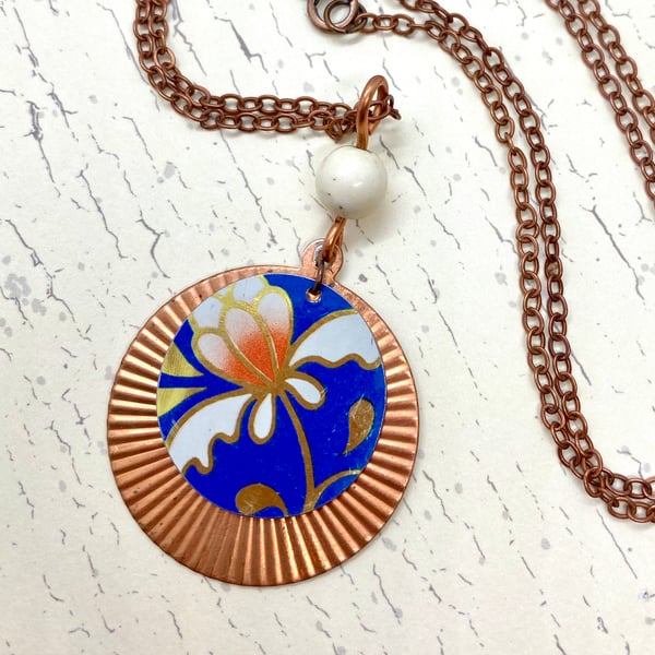 Recycled vintage tin blue flower & copper disc pendant necklace