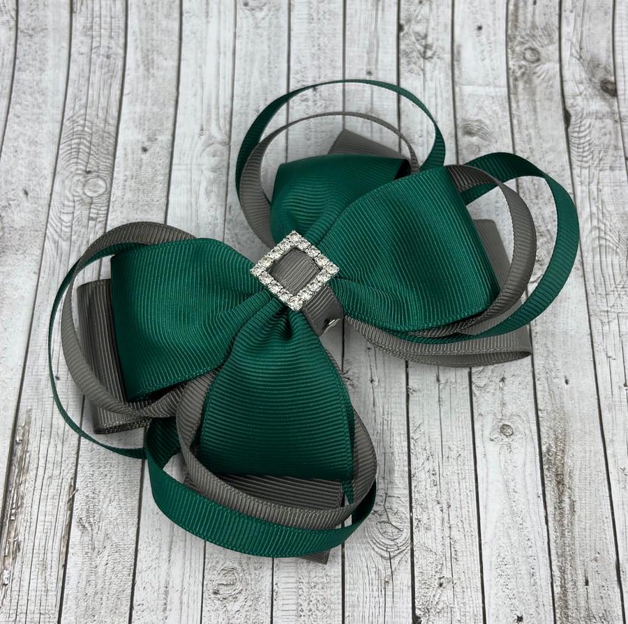 School Hunter Green and Grey Top Knot Bow on Clip
