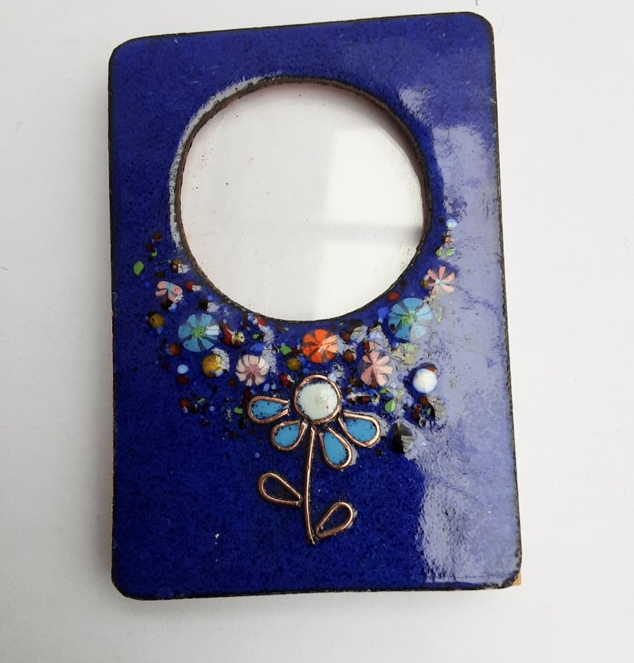 Enamelled photo frame in copper with molten glass flowers - Royal blue