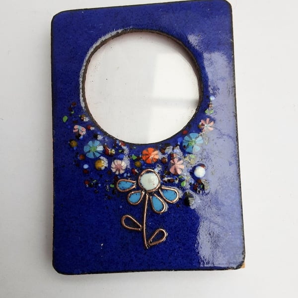 Enamelled photo frame in copper with molten glass flowers - Royal blue