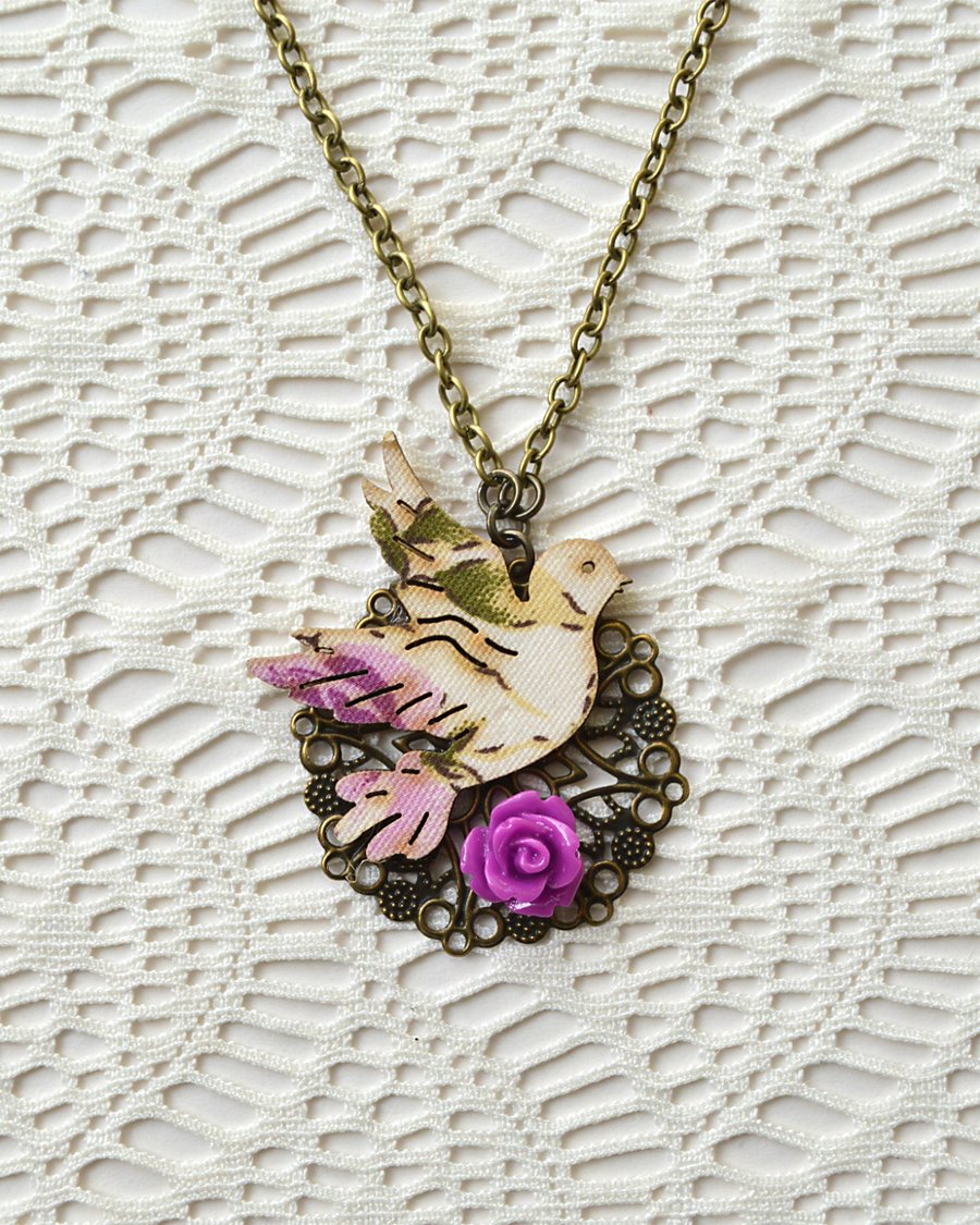 Sale 20% off! Necklace with Purple Rose and Decoupage Bird