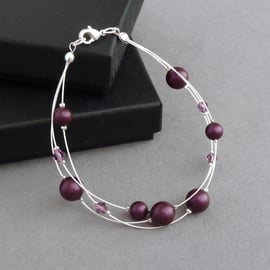 Plum Floating Pearl Bracelet - Purple Multi-strand Jewellery - Bridesmaid Gifts