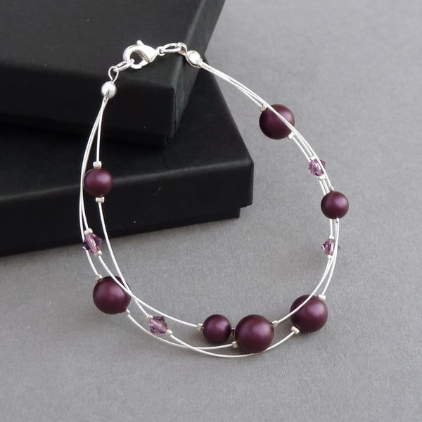 Plum Floating Pearl Bracelet - Purple Multi-strand Jewellery - Bridesmaid Gifts