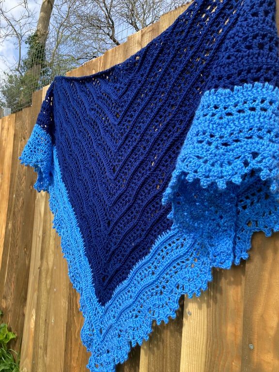 Handknitted Handmade Textured Lace Triangle Shawl Scarf Wrap in Blue Vegan Wool