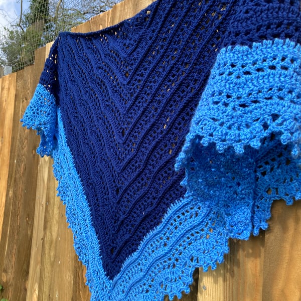 Handknitted Handmade Textured Lace Triangle Shawl Scarf Wrap in Blue Vegan Wool