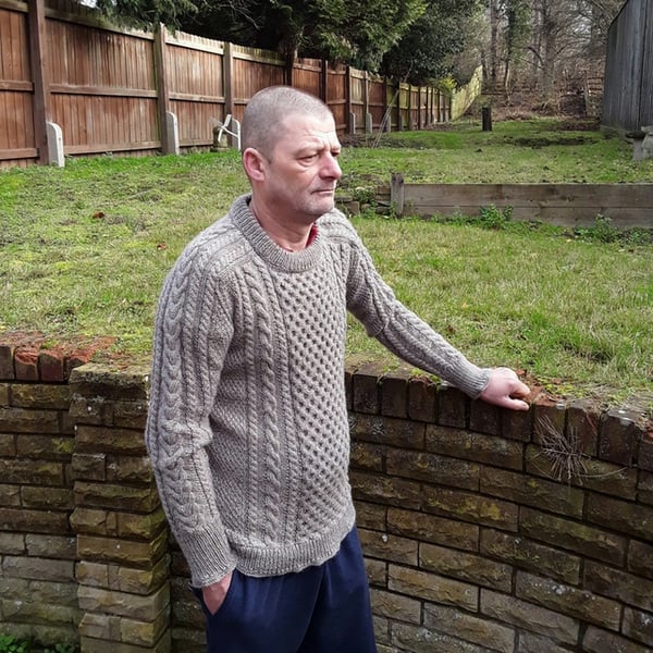 Hand Knitted Aran Wool Jumper Mens Cable Knit Honeycomb Sweater