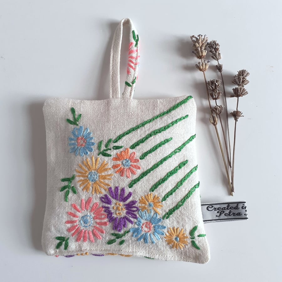 Lavender bag made in a washed linen with vintage embroidery