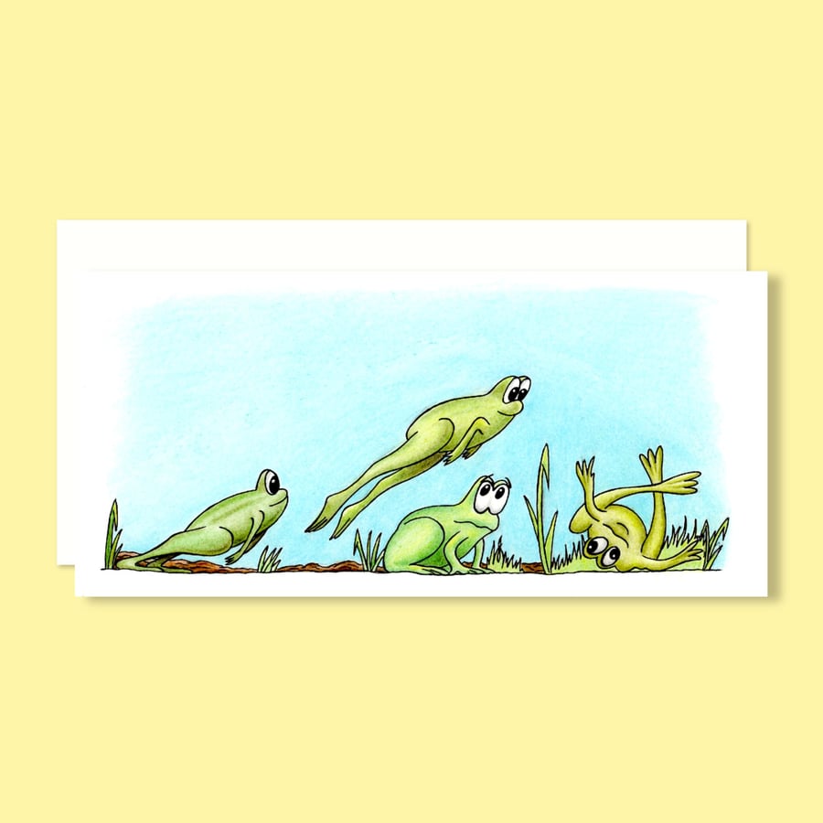 Leap Frogs Greeting Card: Funny Amphibian Games Illustration, Blank Inside (210)