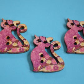 Wooden Cat Buttons Purple Yellow 3pk 30x25mm Kitty Pussy Kitten (CT3)