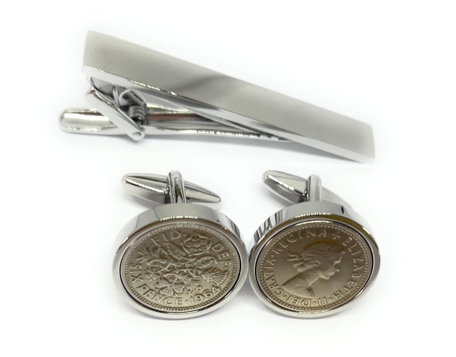 1964 Sixpence Cufflinks 61st birthday. Original sixpence coins HT Tie Set