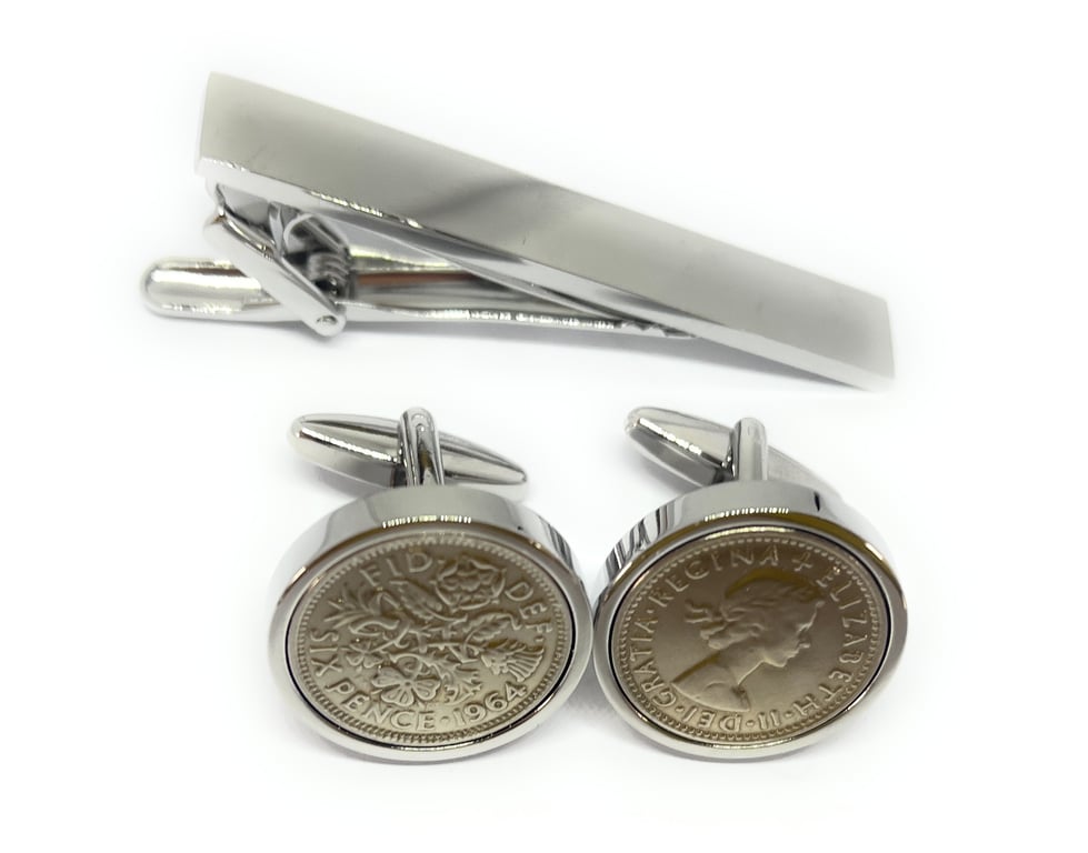 1964 Sixpence Cufflinks 61st birthday. Original sixpence coins HT Tie Set