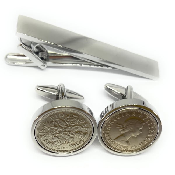 1964 Sixpence Cufflinks 61st birthday. Original sixpence coins HT Tie Set