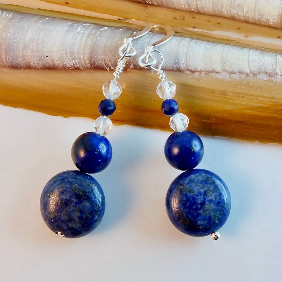 Lapis Lazuli Earrings With Crystal Quartz On Sterling Silver - Handmade In Devon