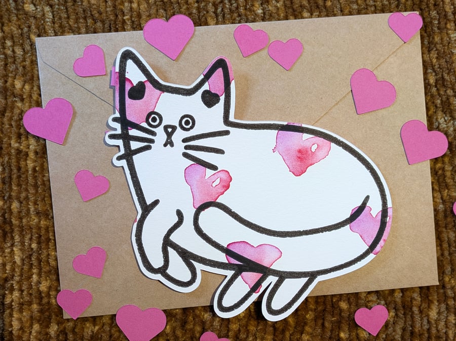Cat card hand painted watercolour shaped greeting card love hearts 2