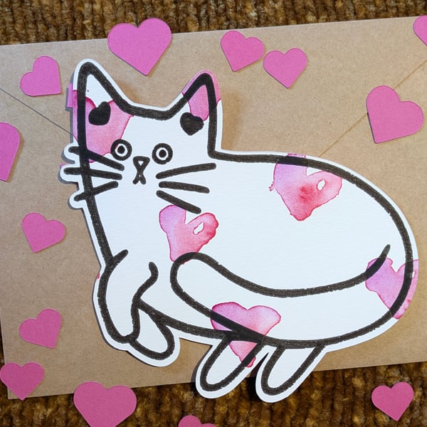 Cat card hand painted watercolour shaped greeting card love hearts 2