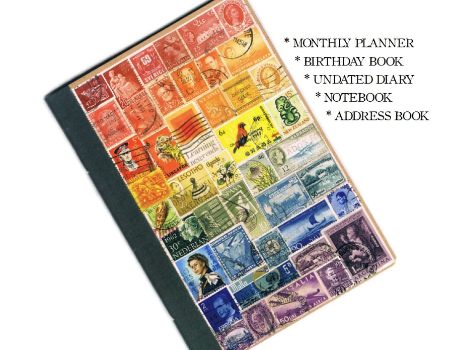 Recycled Rainbow Monthly Planner Notebook - postage stamp art, printed cover