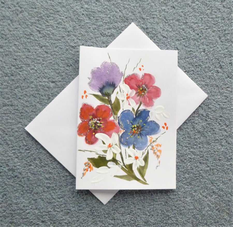 hand painted floral greetings card ( ref F 629.R4 )