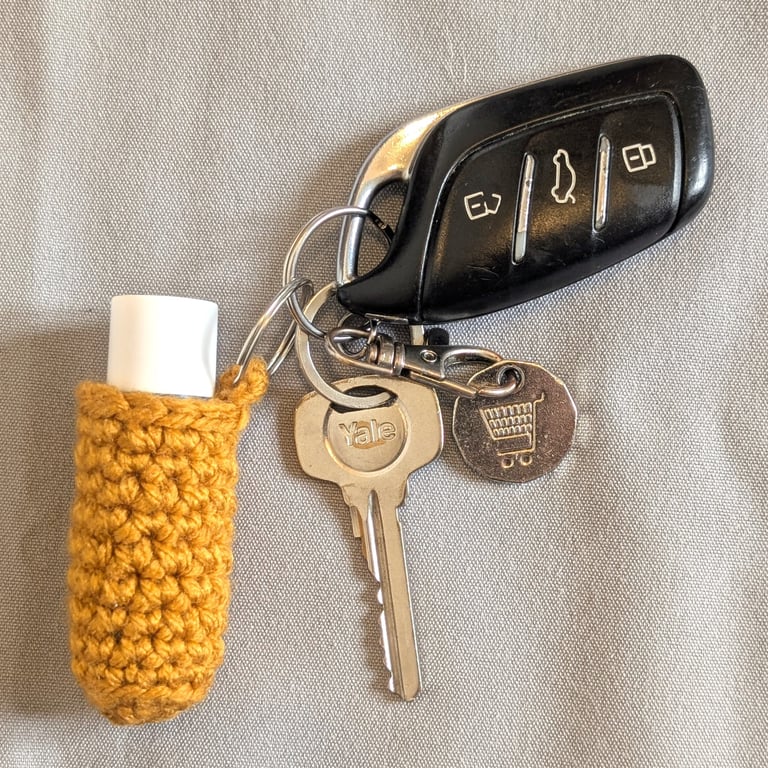 Crochet lip balm holder keychain, bag charm, handmade, accessory - mustard