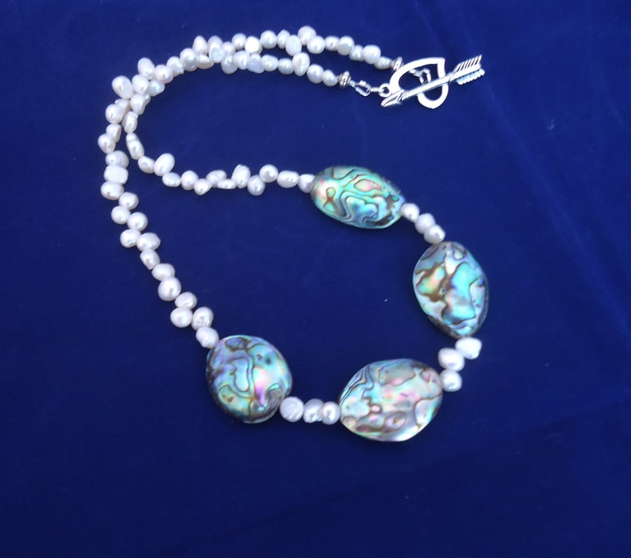 Paua Shell and Freshwater Pearls Necklace, Abalone and Pearls Necklace