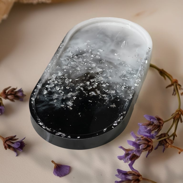 Handmade Resin Trinket Tray – Black Galaxy Ring Dish – Jewellery Dish – Minimali