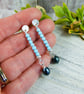 Earrings, Sterling Silver Long Droppers with Turquoise and Teal Pearl - Image 4