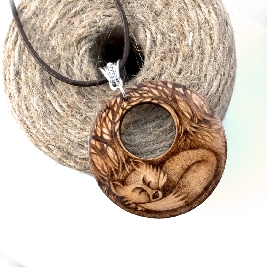 Sleepy fox in the forest pendant. Wooden pyrography necklace. British wildlife.