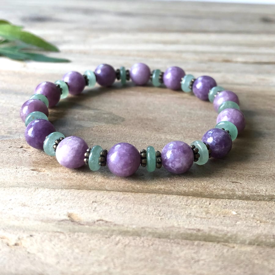 Purple Jade & Green Aventurine Gemstone Stretch Bracelet. Boho Beaded Bracelet