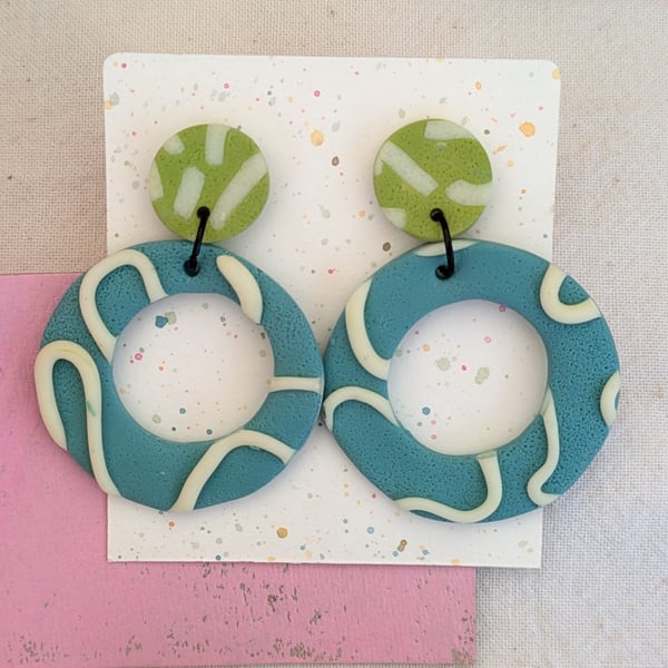 Glow in the dark dangly earrings, blue, green, statement earrings