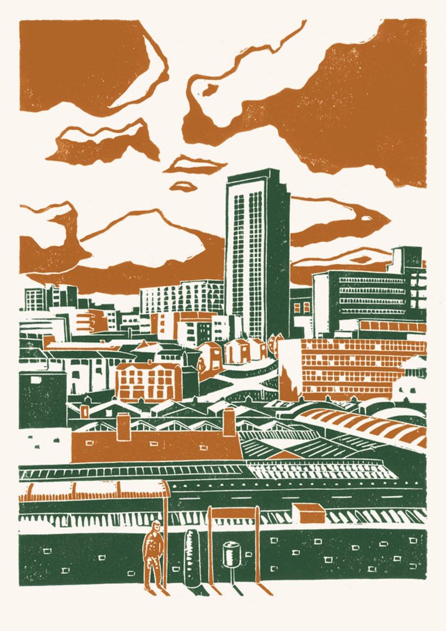 Sheffield City View A3 poster-print (orange-green)