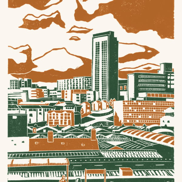 Sheffield City View A3 poster-print (orange-green)