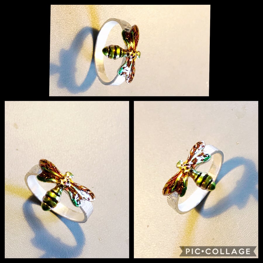 Large Bee In Flight Sterling Silver Ring