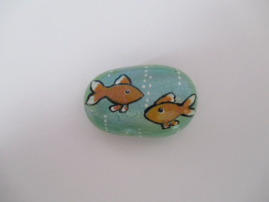 Fish Painted Pebble Rock Stone Original Art Painting Picture Goldfish Sea Scene